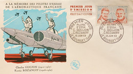 P) 1957 FRANCE, FDC, GOUJON AND ROZANOFF COMMEMORATION STAMP, PILOTS AERONAUTICS, XF - Otros & Sin Clasificación