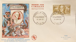 P) 1959 FRANCE, FDC, FAMOUS MEN OF D'ALEMBERT STAMP, WRITER PHILOSOPHER MATHEMATIC, XF - Otros & Sin Clasificación