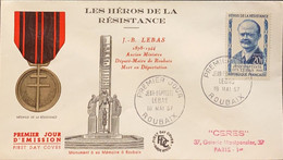 P) 1959 FRANCE, FDC, LIBERATION MEDAL, HEROES OF THE RESISTANCE OF J.B. LEBAS STAMP, XF - Altri & Non Classificati