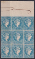 1857-378 CUBA SPAIN ISABEL II 1857 POSTAL FORGERY CORNER BLOCK OF 9. - Vorphilatelie