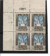 1921 LIBIA QUARTINA 5L MNH TRIPLA VARIETA DOPPIO NR DI TAVOLA - FILAGR - DENT 13/3/4- 14 1/4 - Libye