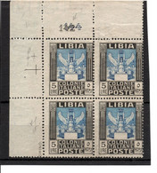 1921 LIBIA QUARTINA 5L MNH TRIPLA VARIETA DOPPIO NR DI TAVOLA - FILAGR - DENT 13/3/4- 14 1/4 - Libië