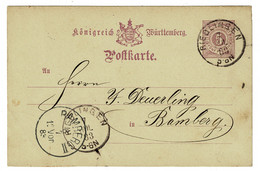 Ref 1501 -  1883 5pf Wurttemberg Postal Stationery Card - Riedlingen To Bamberg  Germany - Entiers Postaux