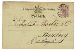 Ref 1501 -  1878 5pf Wurttemberg Postal Stationery Card - Heilbronn To Bamberg - Postwaardestukken