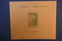 B29 MARTINIQUE FEUILLET BLOC 1937 NEUF ARTS ET TECHNIQUES EXPOSITION INTERNATIONALE - Neufs