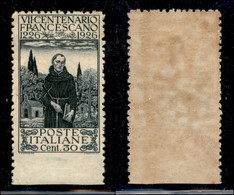 Regno - Vittorio Emanuele III - 1926 - 30 Cent S. Francesco (198ea) Non Dentellato In Basso - Gomma Originale - Autres & Non Classés