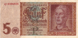 GERMANY 5 Reichs Mark (1939) 1942 F-VF P-186a "free Shipping Via Registered Air Mail) - 5 Reichsmark