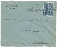 ENVELOPPE ANVERS BELGIQUE POUR ZURICH SUISSE  / 1930 - 1929-1941 Grande Montenez