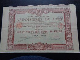 BELGIQUE - OIGNIES 1901 - CIE DES ARDOISIERES DE L'EST - TITRE DE 5 ACTIONS DE 100 FRS - - Zonder Classificatie