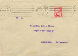 1935 ALBACETE , SOBRE CIRCULADO A CHINCHILLA CON LLEGADA EN AZUL AL DORSO - Lettres & Documents