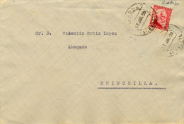 1935 ALBACETE , SOBRE CIRCULADO ENTRE ALCADOZO Y CHINCHILLA ,  LLEGADA EN AZUL AL DORSO - Covers & Documents