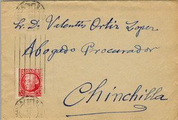 1936 ALBACETE , SOBRE CIRCULADO ENTRE ALMANSA Y CHINCHILLA ,  LLEGADA EN AZUL AL DORSO - Storia Postale