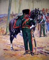 GOUACHE & AQUARELLE ORIGINALE Signée PIERRE ALBERT LEROUX: CHASSEURS A CHEVAL DE 1807 . MILITARIA - Estampas