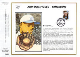 Delcampe - 3475 Ex. " BELGIQUE 1992 : J.O. BARCELONE / BASE-BALL " Sur Feuillet CEF 1er Jour N°té Sur Soie N° YT 2440 FDC - Baseball