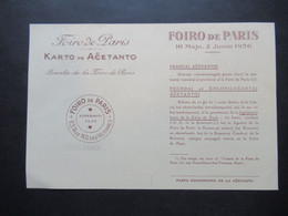 Frankreich 1936 Foiro De Paris Esperanto Fako Karto De Acetanto / Eintrittskarte / Francaj Acetantoj / Dokument - Cartas & Documentos