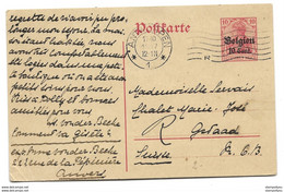 221 - 85 - Entier Postal Allemand Surchargé "Belgien" Envoyé De Anvers En Suisse 1917 - WW1