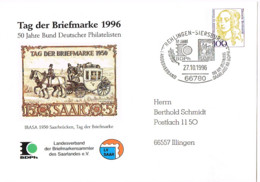 L-ALL-308 - ALLEMAGNE Entier Postal Enveloppe Journée Du Timbre 1996 Rehlingen - Siersburg - Enveloppes Privées - Oblitérées