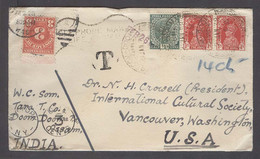 INDIA. 1938 (21 Jan). Doom Dooma - USA / Vancouver / Wah State Multifkd Taxed Env + Tied US P Due 3cts. Fine Comb Slogan - Sin Clasificación