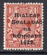 Ireland 1922 (Nov) 1½d Red-brown Rialtas Overprint, Thom Printing, Hinged Mint, SG 32 - Ungebraucht