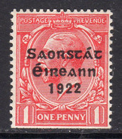 Ireland 1922-3 1d Saorstat Overprint, Harrison Coil Printing, Hinged Mint, SG 68 - Unused Stamps