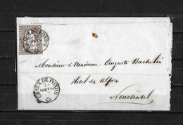 1854-1862 HELVETIA / STRUBEL (Ungezähnt) → Briefsegment Von CHAUX DE FONDS Nach Neuchatel    ►SBK-22B4.V◄ - Storia Postale