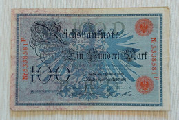Germany 1908- 100 Mark Reichsbanknote - Red Serial #'s And Seals - No 5338581F - P# 33b - VVF - 100 Mark