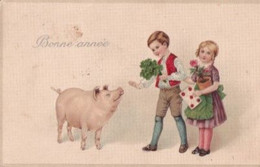 COCHON ET LES 2 ENFANTS                   CARTE EN RELIEF - Cochons