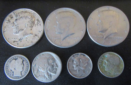 Etats-Unis / USA - 7 Monnaies Entre 1907 Et 1971 - 4 En Argent Dont Half Dollar Kennedy 1964, One Dime 1907 - Collections