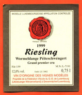 étiquette De Vin De La Moselle Luxembourgeoise Riesling 1999 Wormeldange Péiteschwéngert - 75 Cl - Vin De Pays D'Oc