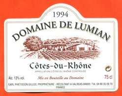 étiquette De Vin De Cotes Du Rhone Domaine De Lumian 1994 Phetisson à Valréas - 75 Cl - Côtes Du Rhône