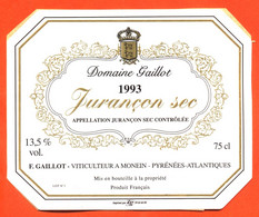 étiquette Autocollante De Vin Jurançon Sec 1993 Domaine Gaillot à Monein - 75 Cl - Vin De Pays D'Oc