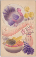 Thanksgiving Greetings With Turkey And Fruit Embossed - Thanksgiving