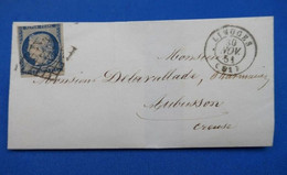 54 FRANCE 30 NOV 1851 BELLE LETTRE TIMBRE N 4 .DE LIMOGES A AUBUSSON CREUSE AFFRANCHISSEMENTS PLAISANTS - 1849-1850 Ceres