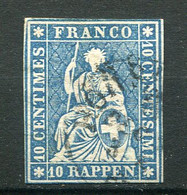 22802 SUISSE N°27b° 10r. Bleu Helvetia (Fil De Soie Vert)  1854-62  B/TB - Gebraucht