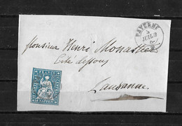 1854-1862 HELVETIA / STRUBEL (Ungezähnt) → Brieffragment PAYERNE Nach LAUSANNE     ►SBK-23B4.Vb◄ - Lettres & Documents