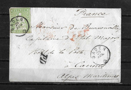 1854-1862 HELVETIA / STRUBEL (Ungezähnt) → PD-Briefumschlag BADEN Nach CANNES / F   ►SBK-26B4.Va / 3 Seiten Weissrandig◄ - Covers & Documents