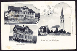 1913 Gelaufene AK "Gruss Aus Niederweningen" Mit Den Beiden Schulhäusern. Leicht Fleckig, Bahnstempel - Laufen-Uhwiesen 