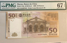 2008 BANCO DA CHINA BOC 50 PATACAS PICK#110a PMG67PMG, AA PREFIX - HIGH GRADING - Macao