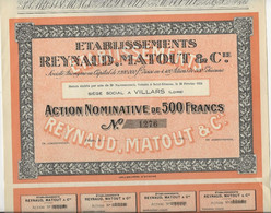 ETABLISSEMENT REYNAUD,MATOUT CIE- VILLARS LOIRE - DIVISE EN 4400 ACTIONS DE 500 FRS -ANNEE 1924 - Andere & Zonder Classificatie