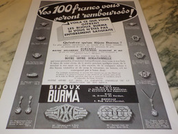 ANCIENNE PUBLICITE  100 FR REMBOURSES BIJOUX BURMA 1936 - Andere & Zonder Classificatie