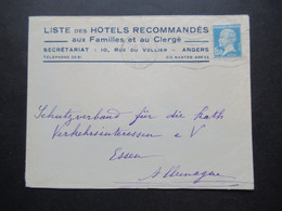 Frankreich 1932 Hotelpost Umschlag Liste Des Hotels Recommandes Aux Familles Et Au Clerge Angers Nach Essen Gesendet - Cartas & Documentos