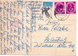 53304 - Bund - 1953 - 5Pfg. Posthorn Waag. Paar A AnsKte. MUENCHEN - VERKEHRSAUSSTELLUNG -> Straubing - Lettres & Documents
