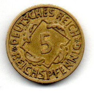 Allemagne  - 5 Reichspfennig  1925 F Grand 5  -  état  TTB - 5 Rentenpfennig & 5 Reichspfennig