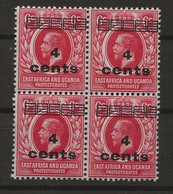 East Africa & Uganda Protectorates, 1919, SG  64, Block Of 4, MNH - Protectorats D'Afrique Orientale Et D'Ouganda