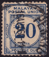 MALAYAN POSTAL UNION 1957 Postage Due 20c P12.5 Wmk.MSCA Sc#J27a - USED/CREASED @N029 - Malayan Postal Union