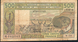 W.A.S. P106Hj 500 FRANCS 1988 Signature 12 FINE - Stati Dell'Africa Occidentale