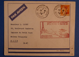 K1 FRANCE BELLE LETTRE RARE 1938 PREMIER VOL LIGNE PARIS NICE + AFFRANCHISSEMENT PLAISANT - 1927-1959 Covers & Documents