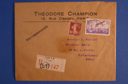 K1 FRANCE BELLE LETTRE RARE RECO 1937 PARIS POUR VILLEURBANNE+AERIEN+ THEODORE CHAMPION PHILATEL. + AFFRANCH.INTERESSANT - 1927-1959 Storia Postale