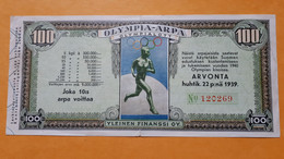 FINLANDE 1939 BILLET DE LOTERIE AU PROFIT DE L'ENTRAINEMENT DE L'EQUIPE OLYMPIQUE FINLANDAISE - Finlandia