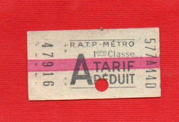 Ticket Métro RATP  1ère Classe Tarif Réduit " - Europe